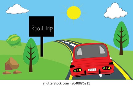 Go to a road trip, vector illustration, Road trip. Adventure concept with vacation travel driving car