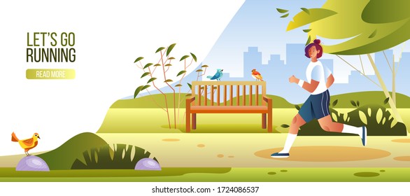 Let’s go Running banner with healthy female character jogging in city park. Vector illustration with young active woman in sportswear. Outdoor activities concept with bench, bushes, trees, cityscape