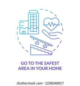 Go to safest area in home blue gradient concept icon. Disaster preparedness abstract idea thin line illustration. Safe shelter. Stairs in basement. Isolated outline drawing. Myriad Pro-Bold font used