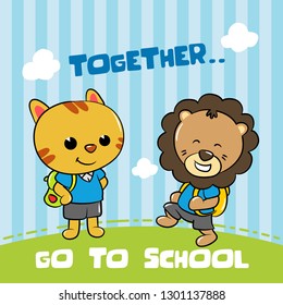 Go to School. Cat and lion together go to school illustration - Vector