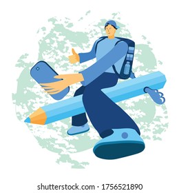 Go to school. The child flies on a pencil to school with a backpack on his shoulders. Student shows a gesture with his thumb up and have phone in his hand to make a selfie. Hand drawn 3 D image.Vector