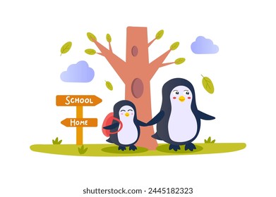 Go to school concept with character scene in flat cartoon design. Mother penguin takes her child to school. Vector illustration.