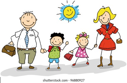 Go to school. It is the start of the school year, dad and mom take their children to the school.