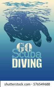 Go Scuba Diving. Design Poster With Diver. Vector Illustration