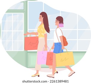 Go shopping 2D vector isolated illustration. Modern mom and daughter purchasing clothes together flat characters on cartoon background. Colorful editable scene for mobile, website, presentation