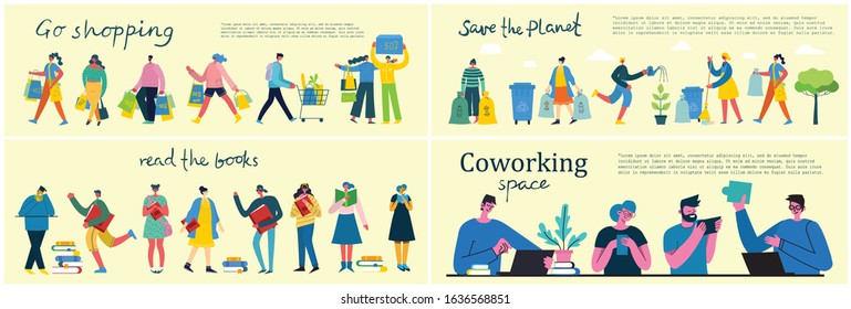 Go shopping, Coworking, Save the planet and read the books banner in the flat design