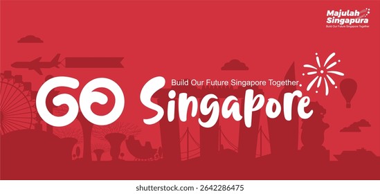 Vá para Singapura ou Majulah Singapura design cartaz com fundo de marcos icônicos. Melhor para a bandeira de celebração do Dia Nacional de Singapura 2025, fundo, folheto, saudação e modelo. 
