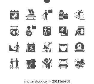 Go Skateboarding Day 21 June. Skate and skateboarder. Calendar. Twenty first of june. Holiday. Master class. Competition and award. Vector Solid Icons. Simple Pictogram