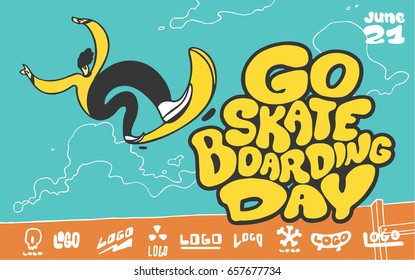 Go Skateboarding Day. Boy Jumping On Skateboard. Poster Design Illustration.