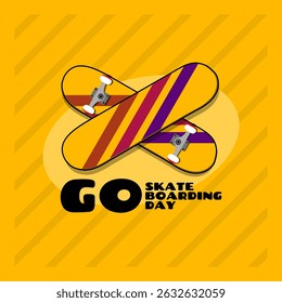 Go Skateboarding Day to celebrate on June 21st. Two yellow skateboards with colorful striped decorations and bold text on yellow background. Sport event banner.