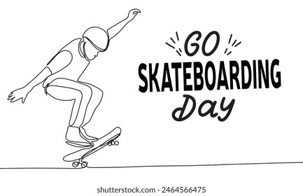 Go Skateboarding Day holiday text banner. Boy on skateboard line art. Hand drawn vector art.