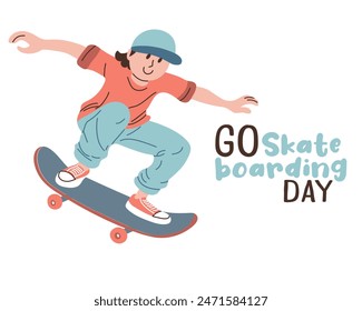 Go skateboarding day poster. Skateboarder on skate and lettering isolated on white background. June 21 international holiday banner. Flat design vector illustration.