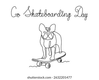Go skateboarding day.Abstract dog bulldog on a Skateboard. continuous single line art hand drawing sketch logo