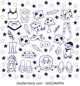 Go to sleep vector sketch set black line Doodle icons vector illustration isolated on white background. Hand drawing.  Good night collection of characters with cute toys, pillows, and feathers