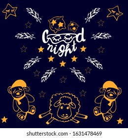 Go to sleep vector sketch set white line Doodle icons vector illustration isolated on dark blue background. Hand drawing.  Good night collection of characters with cute toys, pillows, and feathers