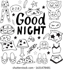 Go to sleep vector sketch set black line Doodle icons vector illustration isolated on white background. Hand drawing.  Good night collection of characters with cute toys, pillows, and feathers