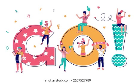 Go, soccer sport competition motivation sign, typography vector banner template. Football fans screaming, cheering for sport team.