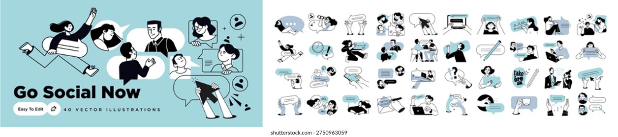 Go social now. Vector illustrations of social media, networking, support, community, chatting, online communication, app and services, rating and review, conversation.