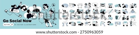 Go social now. Vector illustrations of social media, networking, support, community, chatting, online communication, app and services, rating and review, conversation.