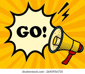 Go speech bubble. Megaphone, lightning, speech burst, sound lines, pop art style, loudspeaker, public speaking, yellow background, expression, voice, alert, broadcast