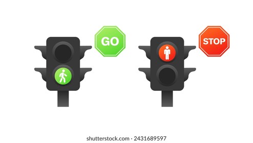 Go and Stop traffic light icons. Red and green traffic lights. Flat style. Vector icons