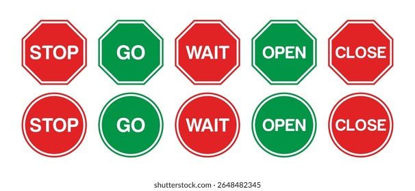 Go, Stop, wait, open and close signs set red and green octagon shapes vecto design
