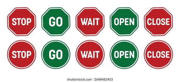 Go, Stop, wait, open and close signs set red and green octagon shapes vecto