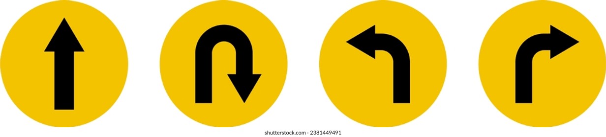 Gehen Sie geradeaus nur auf diese Weise links und rechts, schwarz und gelb Pfeil runden Circle Traffic Schild Richtung Symbol Set. Vektorbild.	