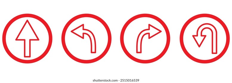 Go Straight This Way One Way Only U Turn Left and Right Black and White Arrow Round Circle Traffic Sign Direction Icon Set. Vector Image.