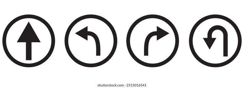 Ir recto de esta manera Solo U Gire a la izquierda y derecha Flecha en blanco y negro Círculo redondo Señal de tráfico Dirección Conjunto de iconos. Imagen de Vector.