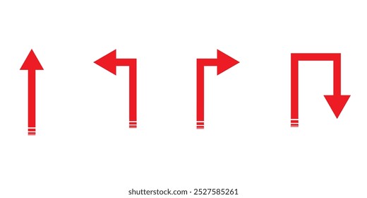 Go Straight This Way One Way Only U Turn Left and Right Black Arrow Sign Direction Icon Set. Vector Image. eps 10