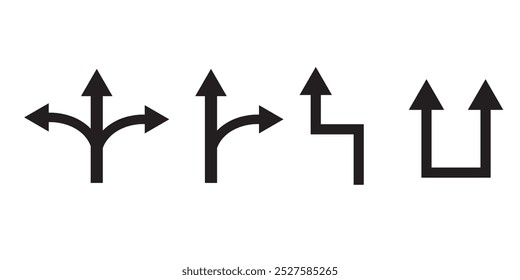 Go Straight This Way One Way Only U Turn Left and Right Black Arrow Sign Direction Icon Set. Vector Image. eps 10