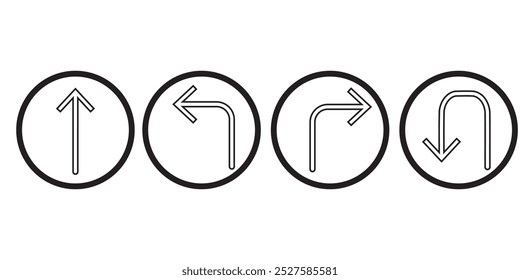 Go Straight This Way One Way Only U Turn Left and Right Black Arrow Sign Direction Icon Set. Vector Image. eps 10