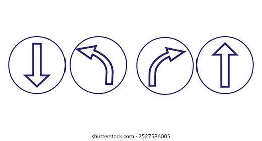 Go Straight This Way One Way Only U Turn Left and Right Black and White Arrow Round Circle Traffic Sign Direction Icon Set. Vector Image. eps 10