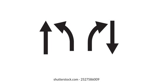 Go Straight This Way One Way Only U Turn Left and Right Black and White Arrow Round Circle Traffic Sign Direction Icon Set. Vector Image. eps 10