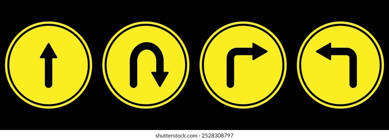 Go straight this way one way only U turn left and right black and yellow arrow round circle traffic sign direction icon set. Vector illustration.