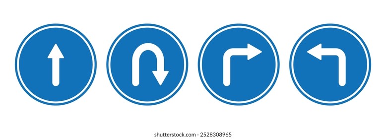 Go straight this way one way only U turn left and right blue arrow round circle traffic sign direction icon set. Vector illustration. EPS 10
