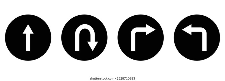 Go Straight This Way One Way Only U Turn Left and Right Black Arrow Sign Direction Icon Set. Vector Image.