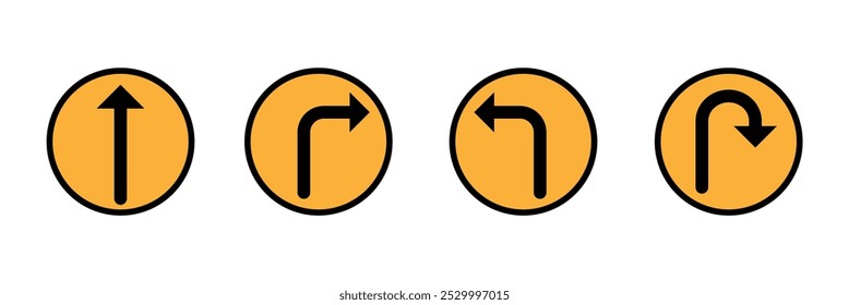 Ir Direto Desta Maneira Apenas Uma Maneira U Virar à Esquerda e Direita Ícone de Direção de Sinal de Seta Preta. Ir direto desta maneira , desta maneira seta, circular Símbolo de Tráfego Círculo Ícone de Direção Definido.