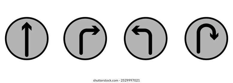 Ir Direto Desta Maneira Apenas Uma Maneira U Virar à Esquerda e Direita Ícone de Direção de Sinal de Seta Preta. Ir direto desta maneira , desta maneira seta, circular Símbolo de Tráfego Círculo Ícone de Direção Definido.