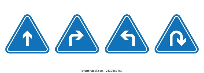 Go straight this way one way only U turn left and right white and blue arrow. Traffic sign direction icon set isolated on white background. Vector illustration. EPS 10.