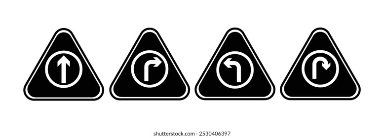 Go Straight This Way One Way Only U Turn Left and Right Black Arrow Sign Direction Icon Set.  direction arrow icon on white background eps 10.