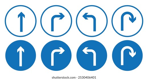 Go Straight This Way One Way Only U Turn Left and Right Black Arrow Sign Direction Icon Set.  direction arrow icon on white background eps 10.