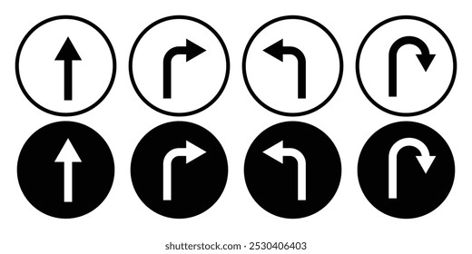 Go Straight This Way One Way Only U Turn Left and Right Black Arrow Sign Direction Icon Set. ícone da seta de direção no fundo branco eps 10.