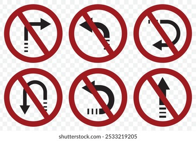 Go Straight This Way One Way Only U Turn Left and Right Black Arrow Sign Direction Icon Set. Vector Image. EPS 10.