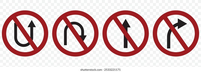 Go Straight This Way One Way Only U Turn Left and Right Black and Yellow Arrow Round Circle Traffic Sign Direction Icon Set. Vector Image. EPS 10.