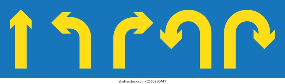 Go Straight This Way One Way Only U Turn Left and Right Blue and White Arrow Round Circle Traffic Sign Direction Icon Set. Vector Image.