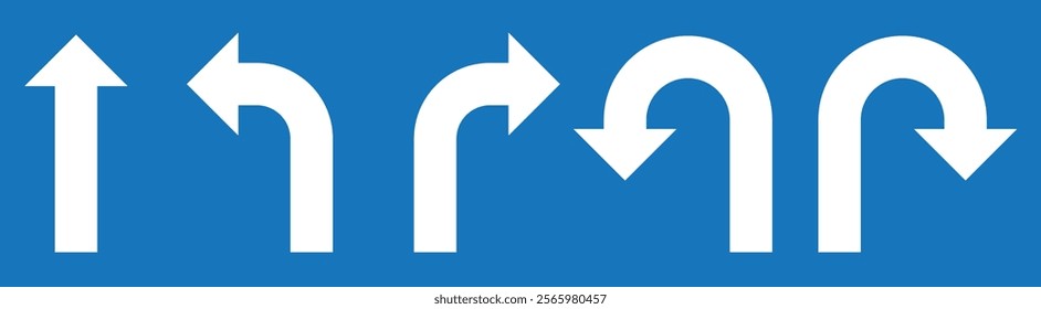 Go Straight This Way One Way Only U Turn Left and Right Blue and White Arrow Round Circle Traffic Sign Direction Icon Set. Vector Image.