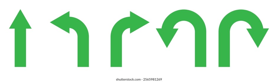 Go Straight This Way One Way Only U Turn Left and Right Blue and White Arrow Round Circle Traffic Sign Direction Icon Set. Vector Image.