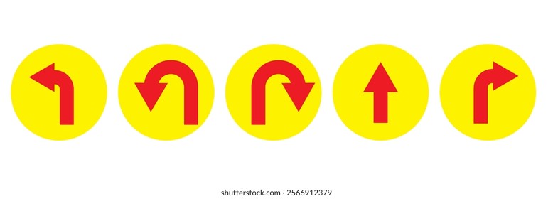 Go Straight This Way One Way Only U Turn Left and Right Black Arrow Sign Direction Icon Set. Vector Image.